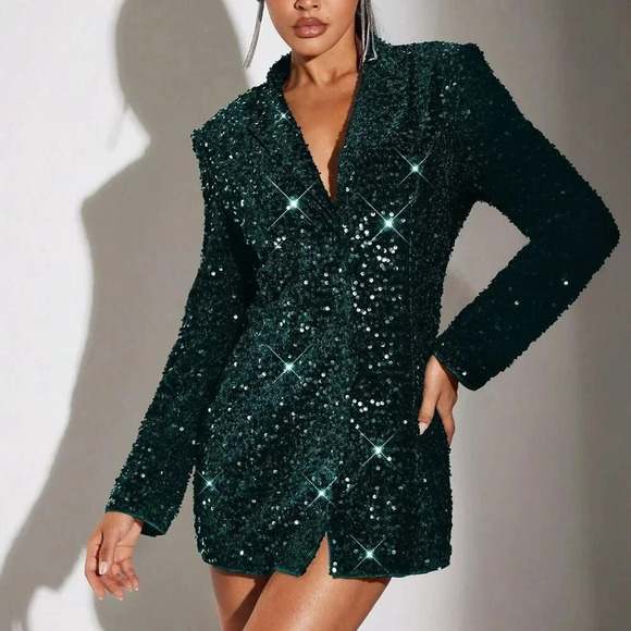 Dark Green Party Women's Stand Collar Sequin Embellished Long Sleeve Blazer - Picture 1 of 6